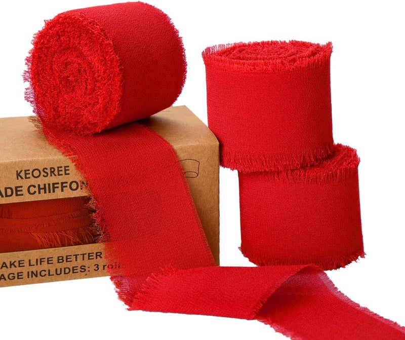 KEOSREE 3 Rolls Red Handmade Chiffon Ribbon,1.5" x 21Yd Frayed Fringe Silk Ribbons (3 Rolls *7Yd) for Gifts Wrapping, Wedding Invitations, Bridal Bouquets, Decorations - Image 1